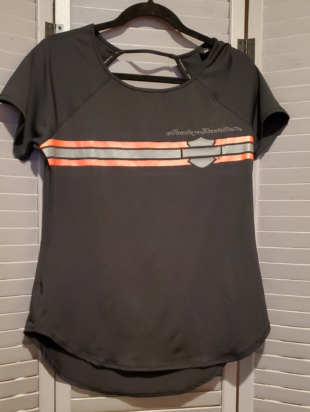 Harley-Davidson Black Short Sleeve Top with Orange & Silver Stripes Size M